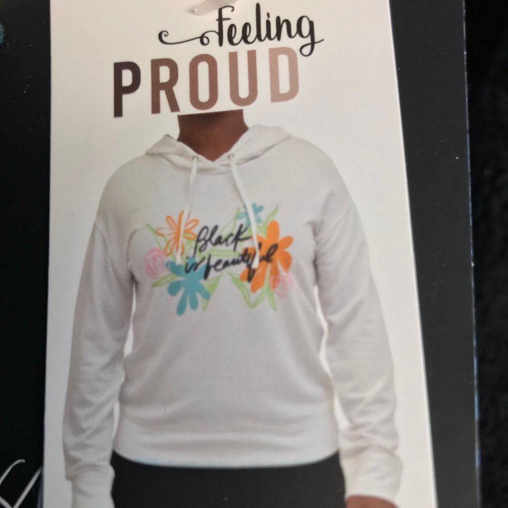NWT Feeling Proud brand "Black is beautiful" white hoodie floral design